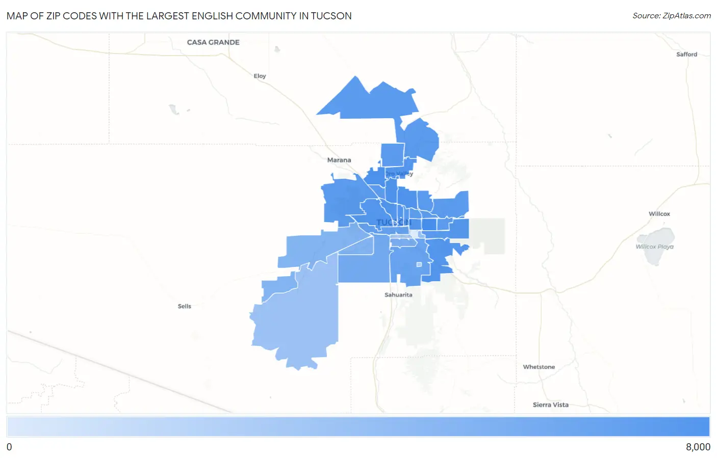 Zip Codes with the Largest English Community in Tucson Map