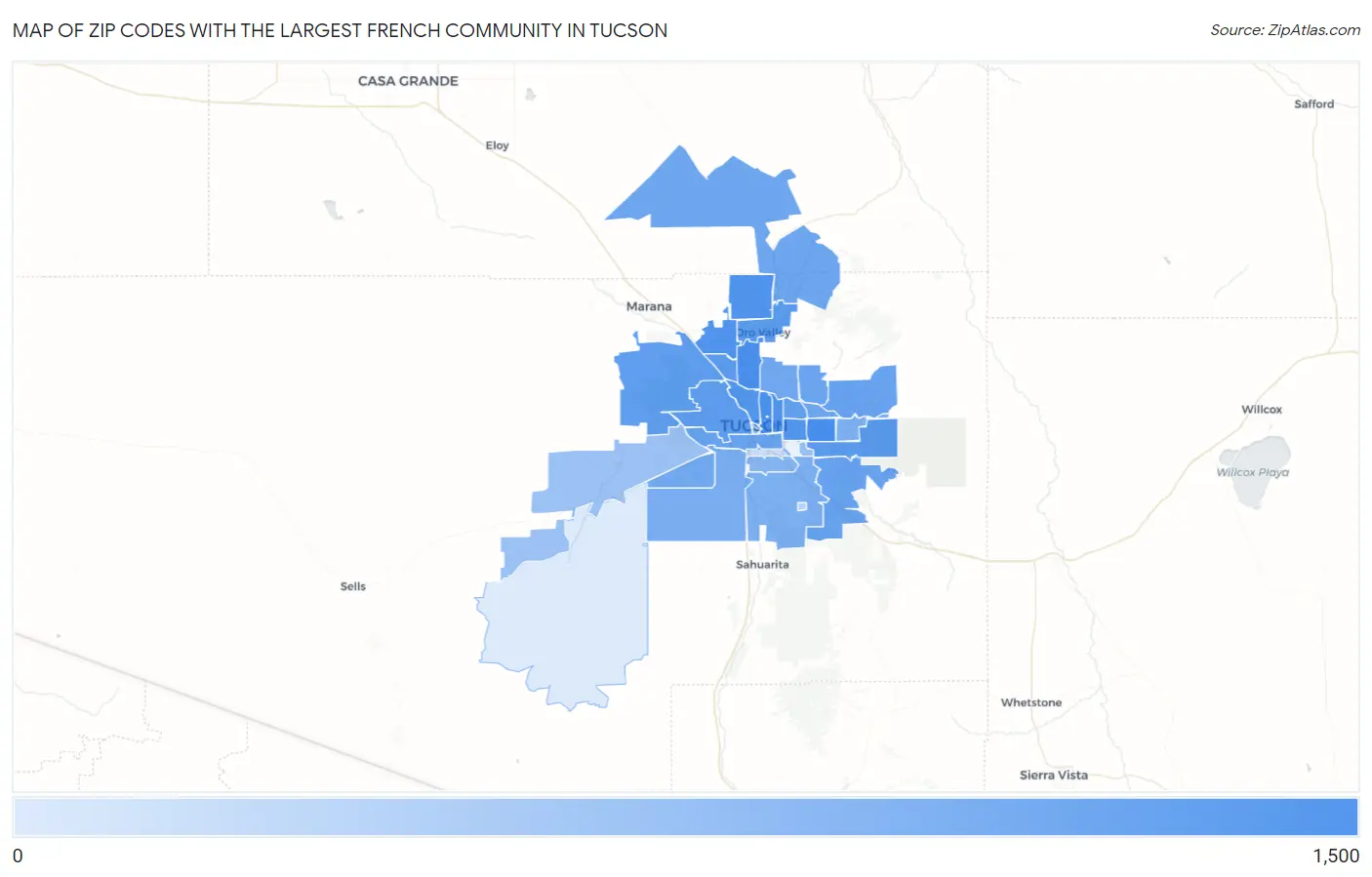 Zip Codes with the Largest French Community in Tucson Map