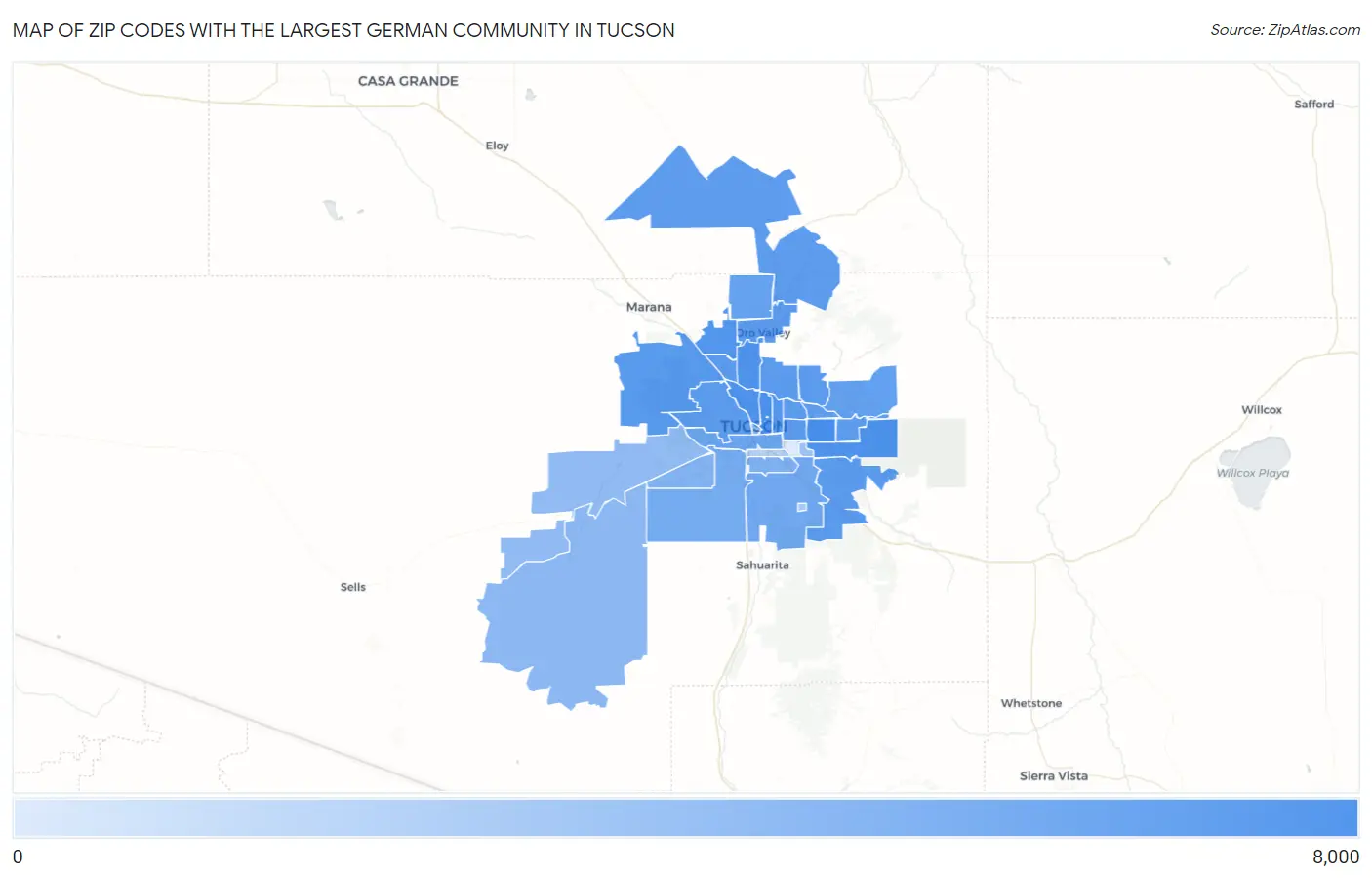 Zip Codes with the Largest German Community in Tucson Map