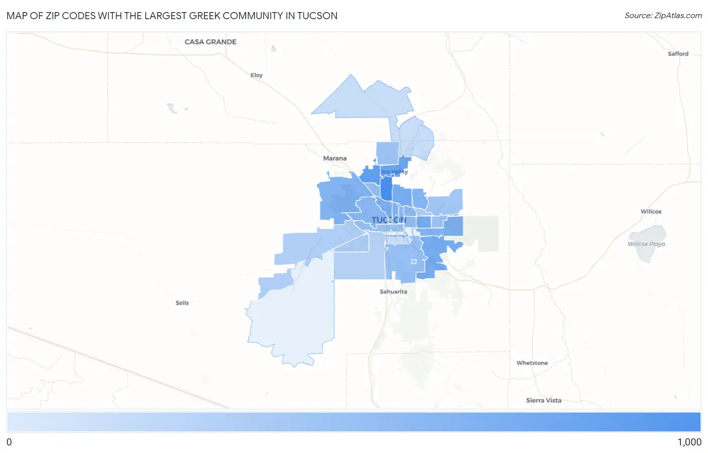 Zip Codes with the Largest Greek Community in Tucson Map