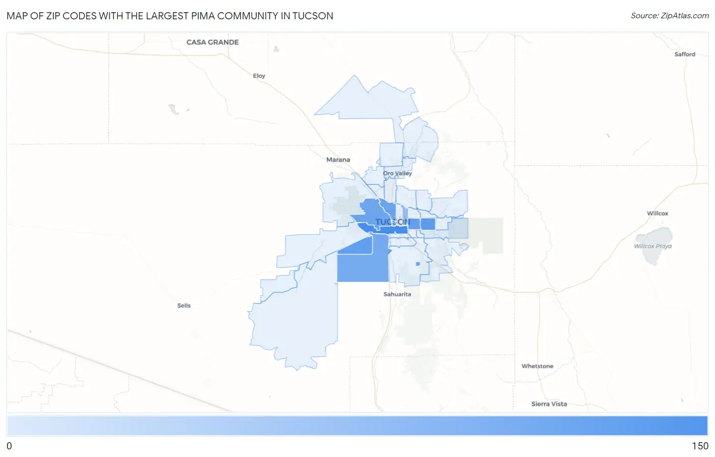 Zip Codes with the Largest Pima Community in Tucson Map