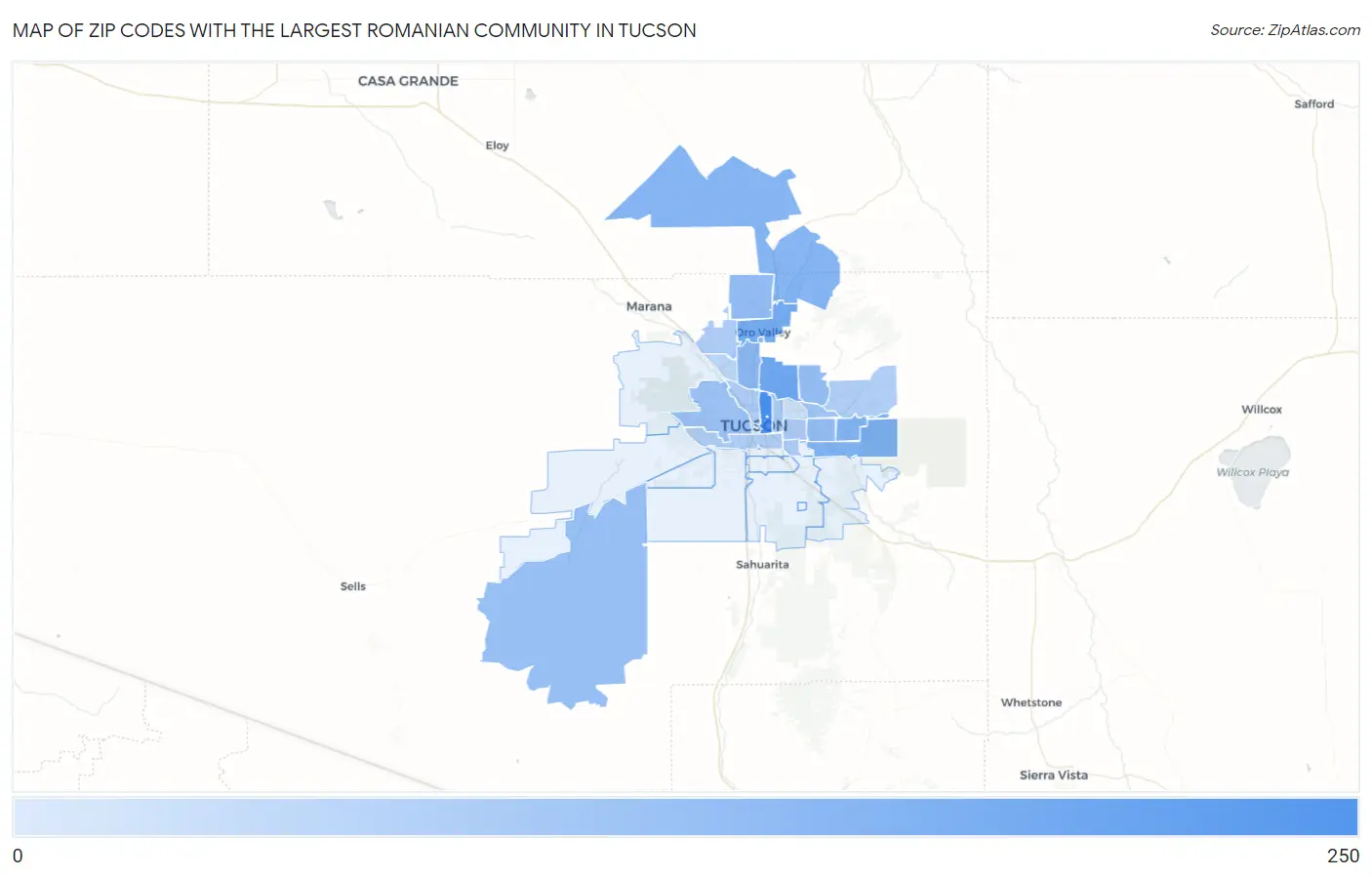 Zip Codes with the Largest Romanian Community in Tucson Map