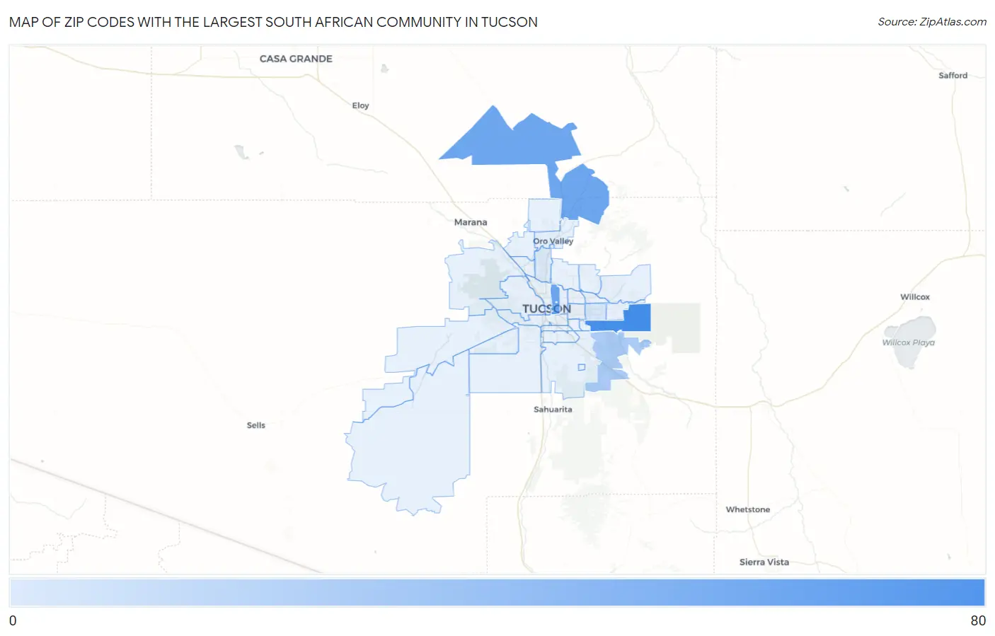 Zip Codes with the Largest South African Community in Tucson Map