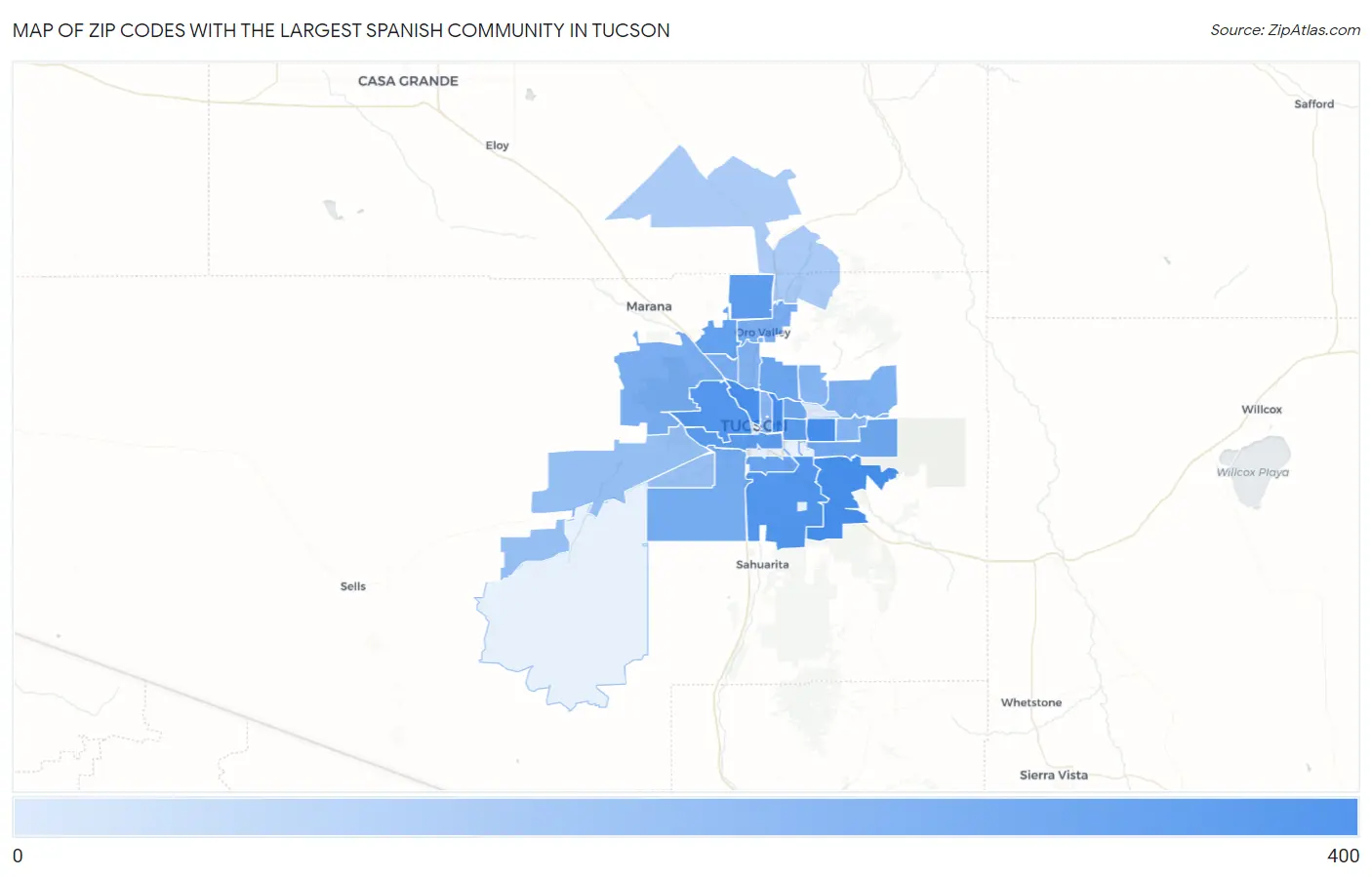 Zip Codes with the Largest Spanish Community in Tucson Map