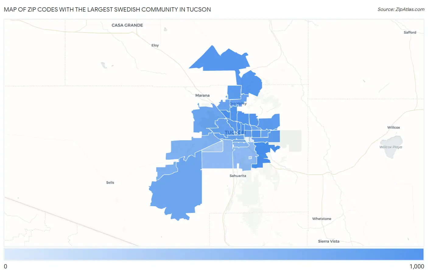 Zip Codes with the Largest Swedish Community in Tucson Map