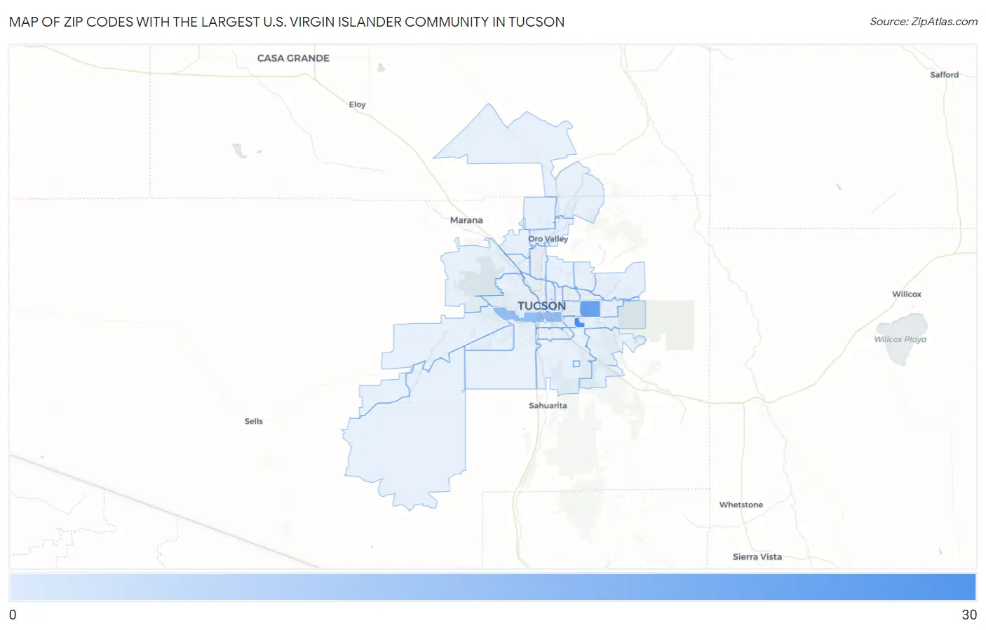Zip Codes with the Largest U.S. Virgin Islander Community in Tucson Map