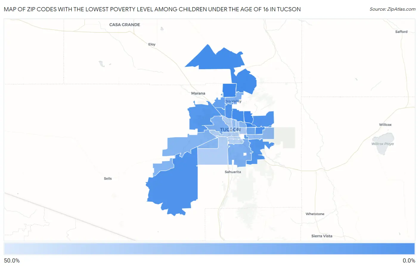 Zip Codes with the Lowest Poverty Level Among Children Under the Age of 16 in Tucson Map