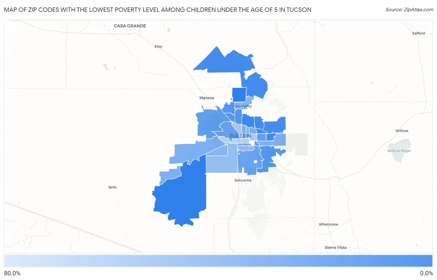 Zip Codes with the Lowest Poverty Level Among Children Under the Age of 5 in Tucson Map