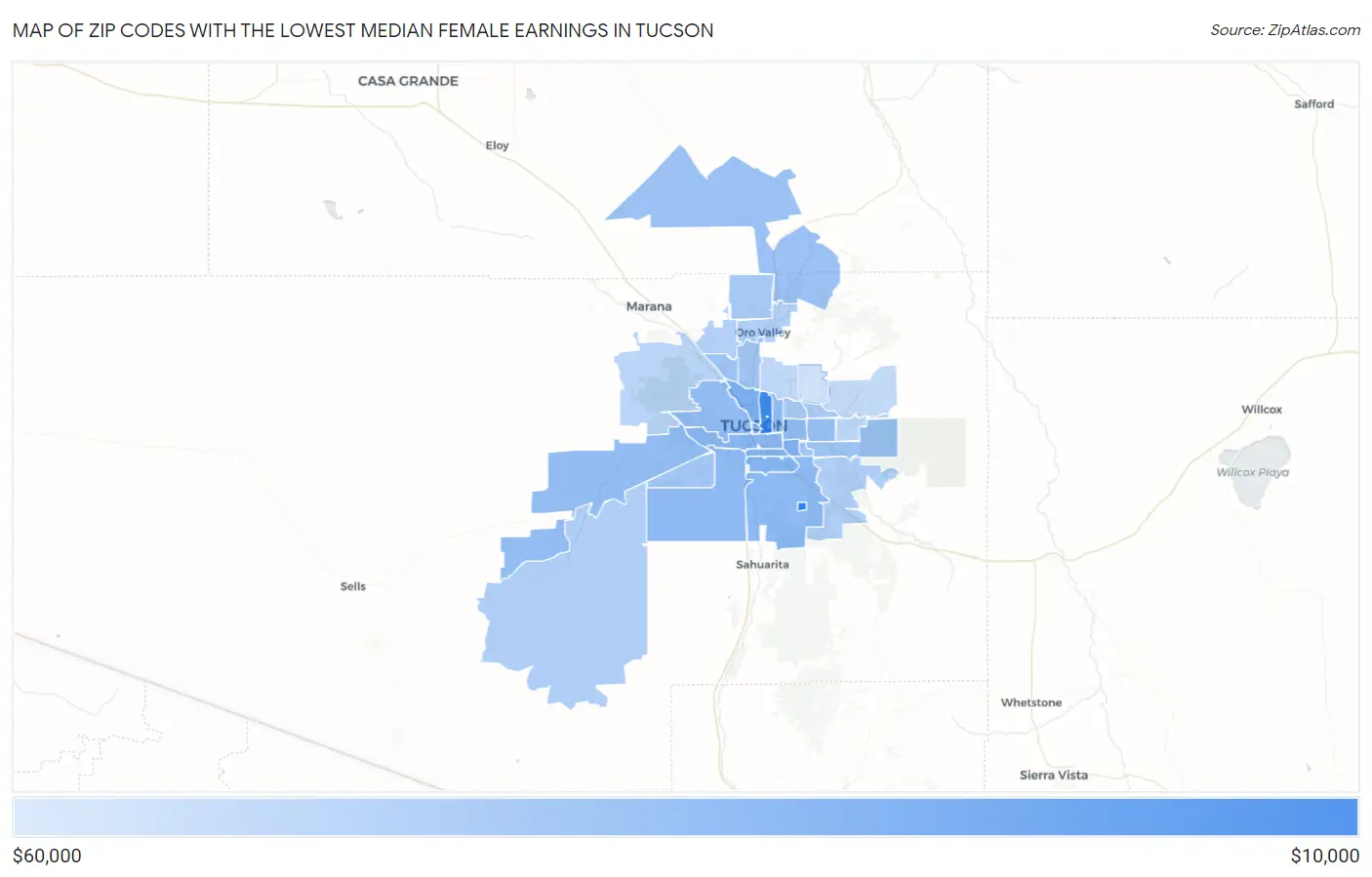 Zip Codes with the Lowest Median Female Earnings in Tucson Map
