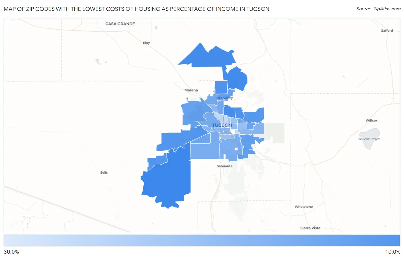 Zip Codes with the Lowest Costs of Housing as Percentage of Income in Tucson Map