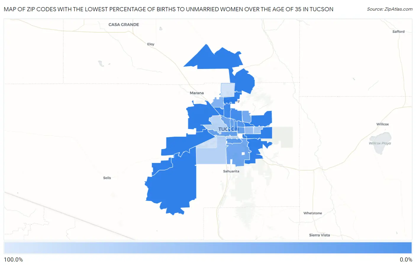 Zip Codes with the Lowest Percentage of Births to Unmarried Women over the Age of 35 in Tucson Map