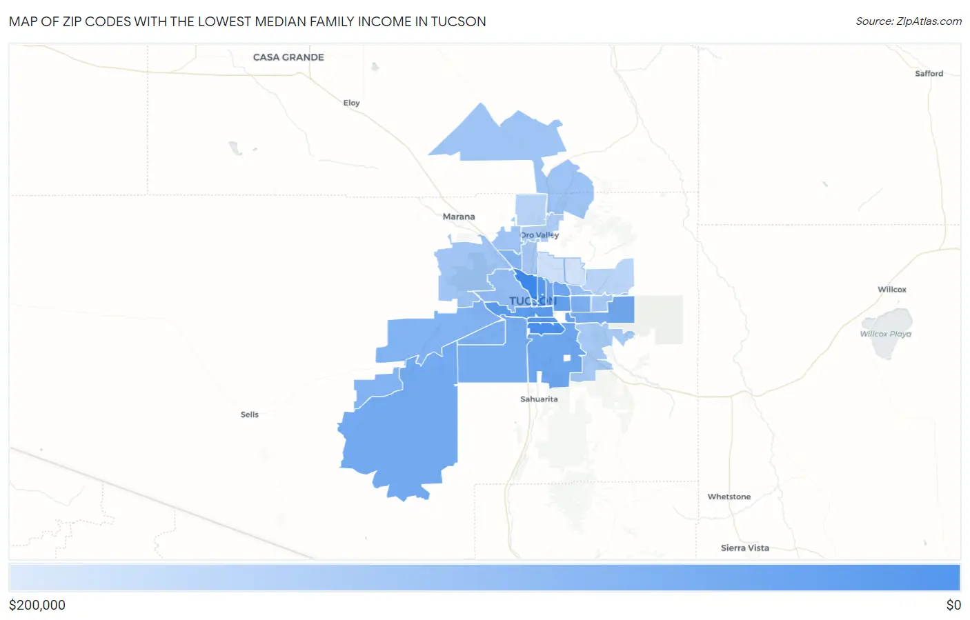 Zip Codes with the Lowest Median Family Income in Tucson Map