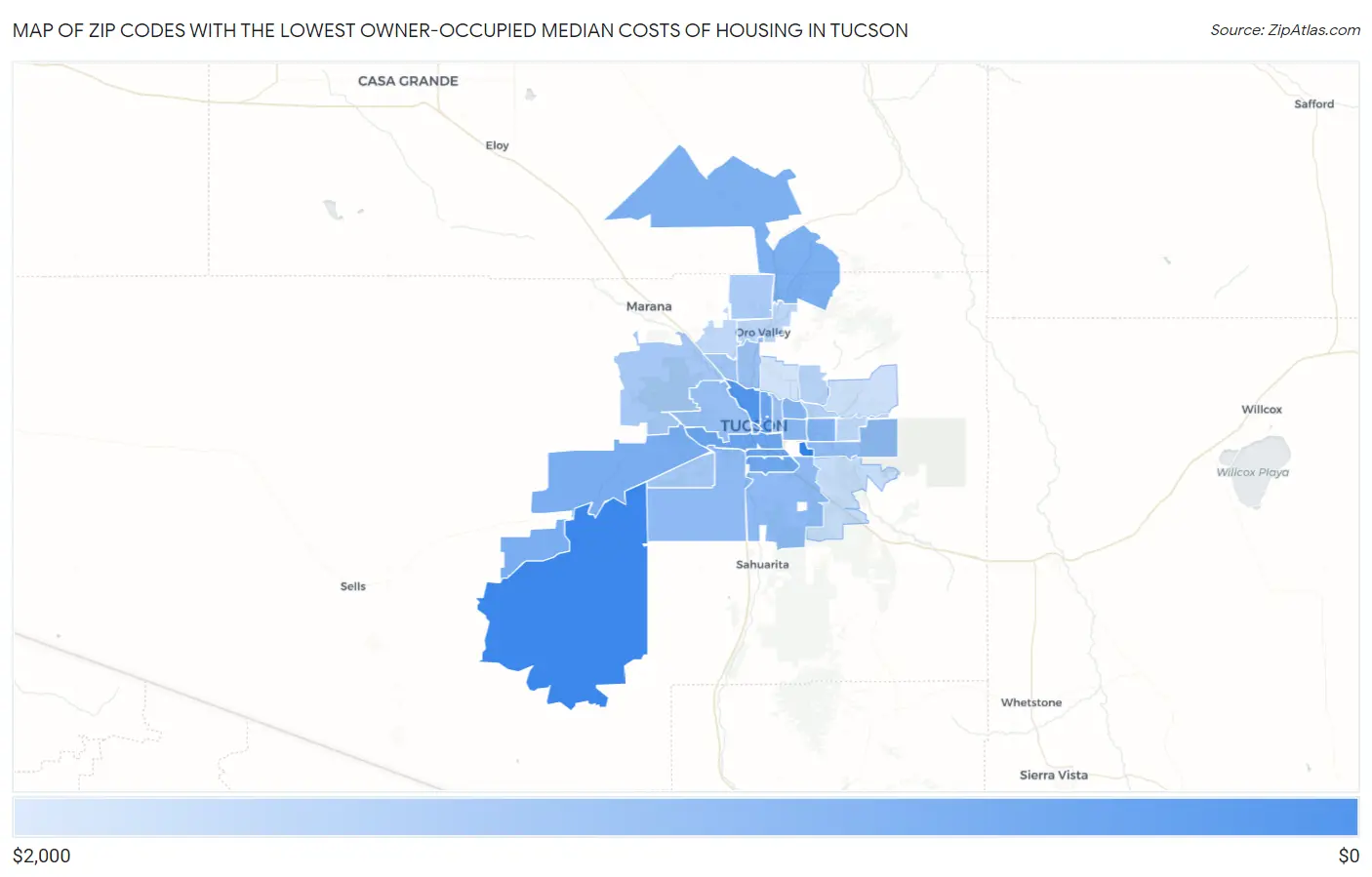 Zip Codes with the Lowest Owner-Occupied Median Costs of Housing in Tucson Map