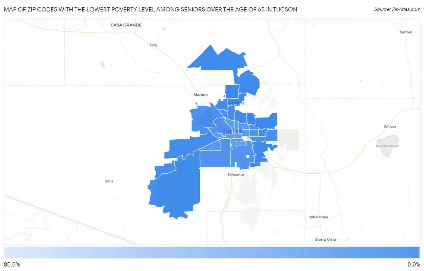 Zip Codes with the Lowest Poverty Level Among Seniors Over the Age of 65 in Tucson Map