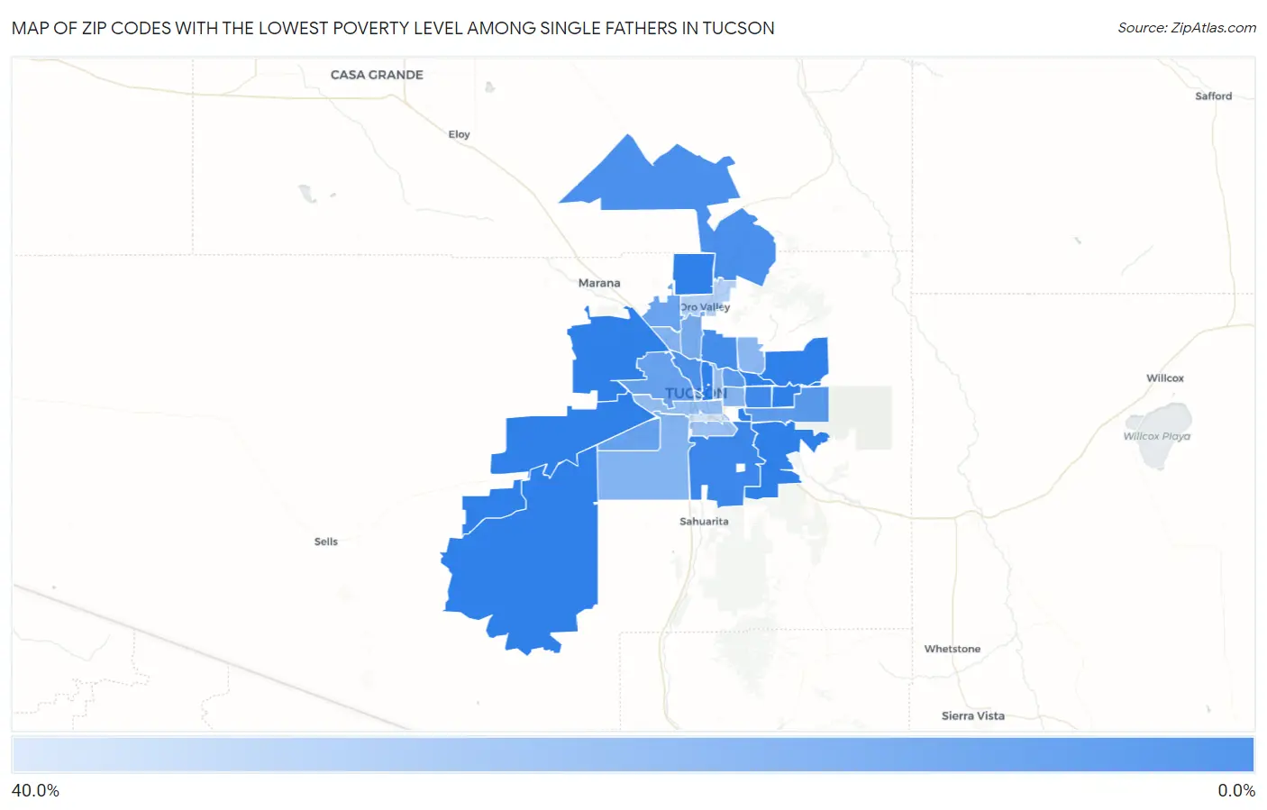 Zip Codes with the Lowest Poverty Level Among Single Fathers in Tucson Map