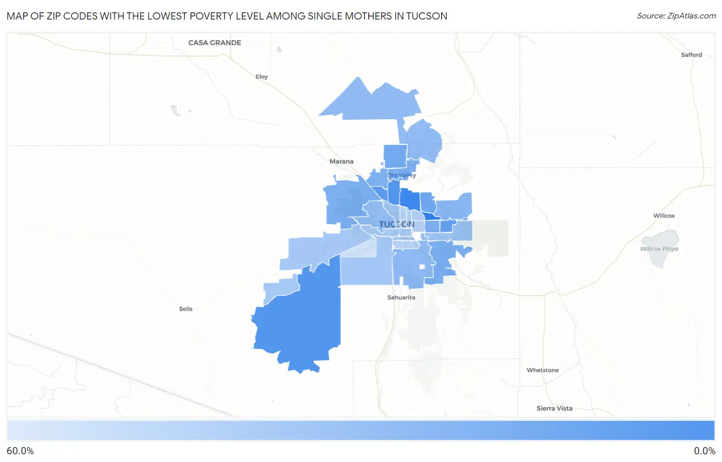 Zip Codes with the Lowest Poverty Level Among Single Mothers in Tucson Map