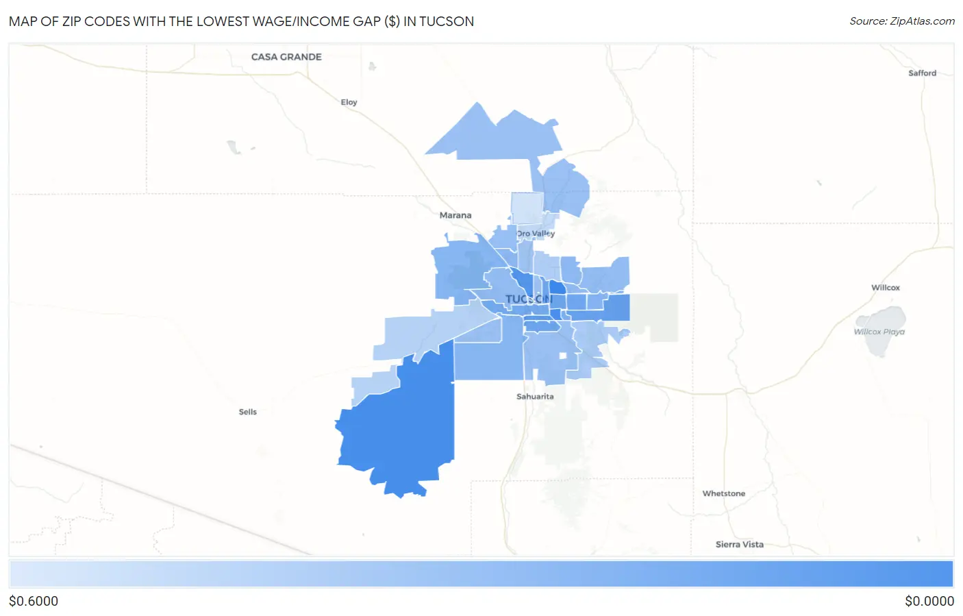 Zip Codes with the Lowest Wage/Income Gap ($) in Tucson Map