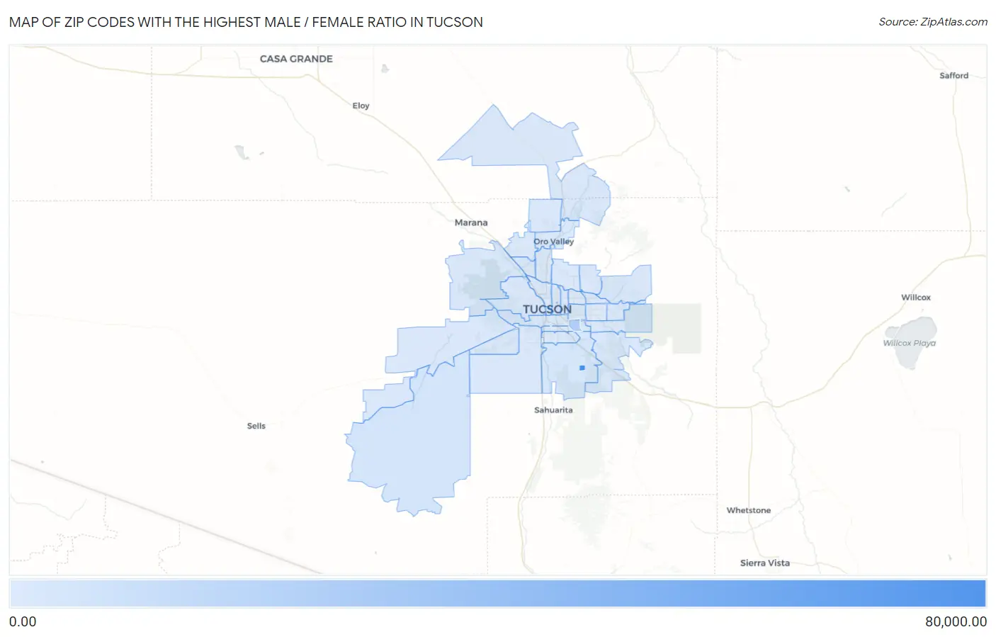Zip Codes with the Highest Male / Female Ratio in Tucson Map