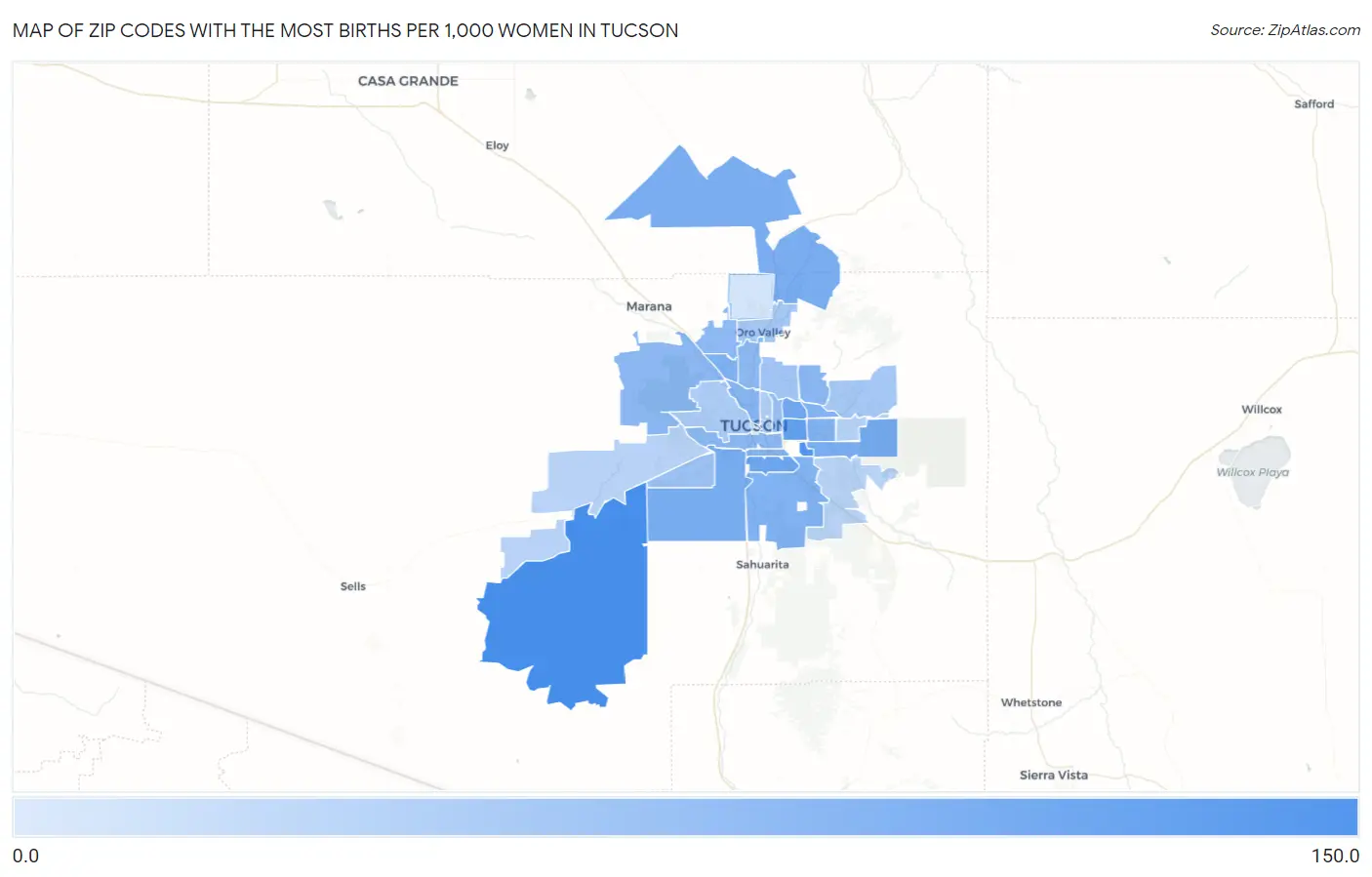 Zip Codes with the Most Births per 1,000 Women in Tucson Map