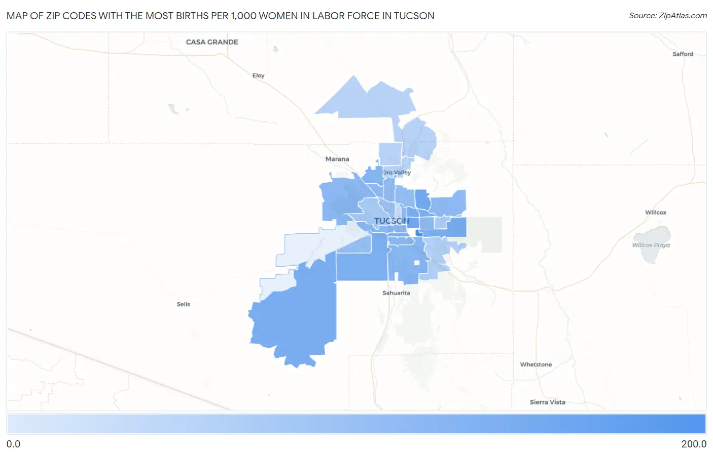 Zip Codes with the Most Births per 1,000 Women in Labor Force in Tucson Map