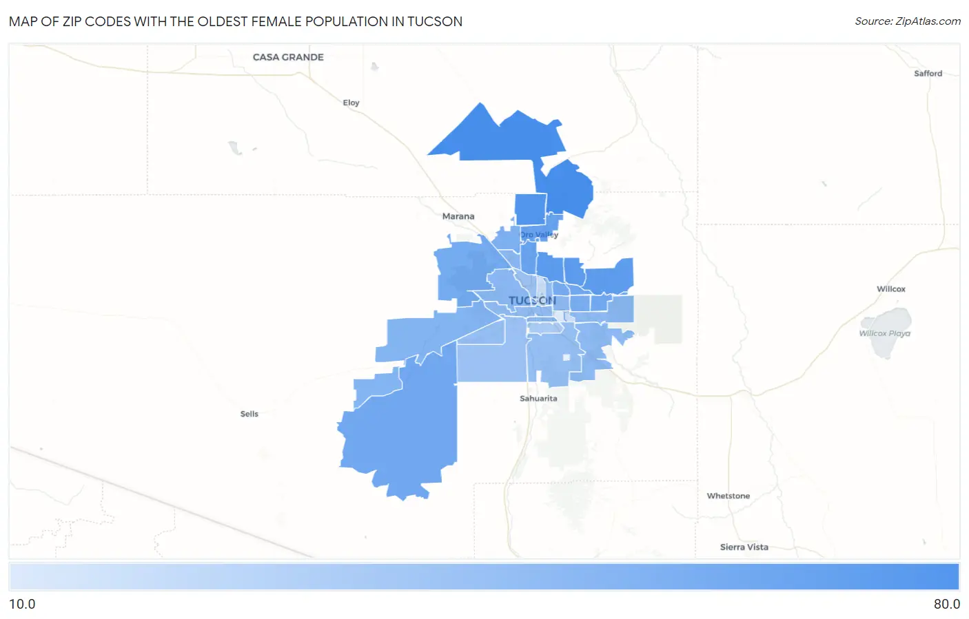 Zip Codes with the Oldest Female Population in Tucson Map