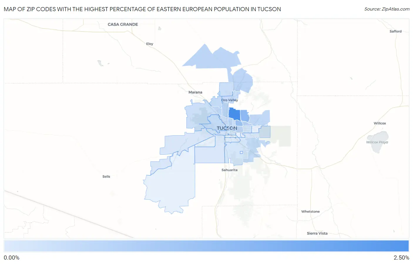 Zip Codes with the Highest Percentage of Eastern European Population in Tucson Map