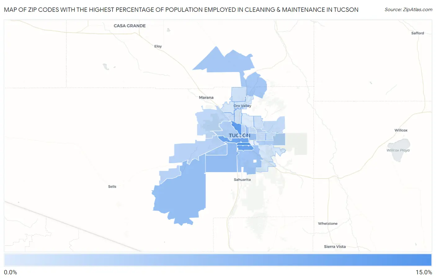 Zip Codes with the Highest Percentage of Population Employed in Cleaning & Maintenance in Tucson Map