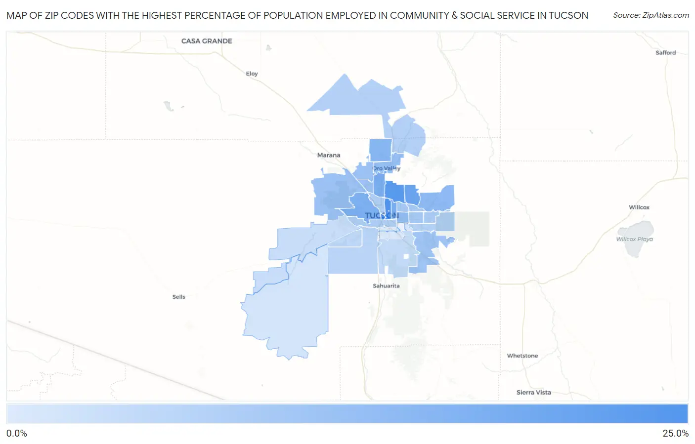 Zip Codes with the Highest Percentage of Population Employed in Community & Social Service  in Tucson Map