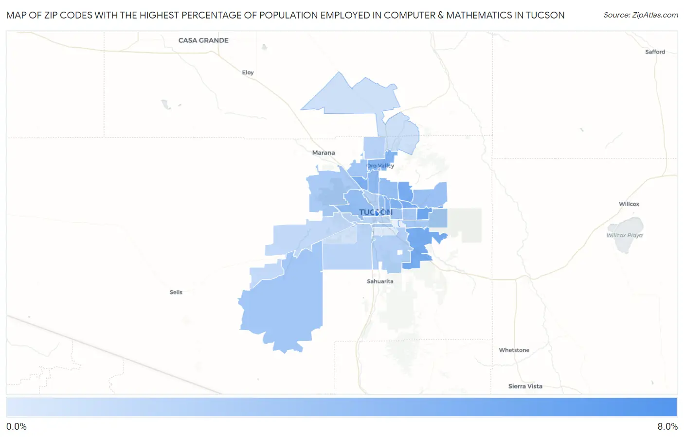 Zip Codes with the Highest Percentage of Population Employed in Computer & Mathematics in Tucson Map