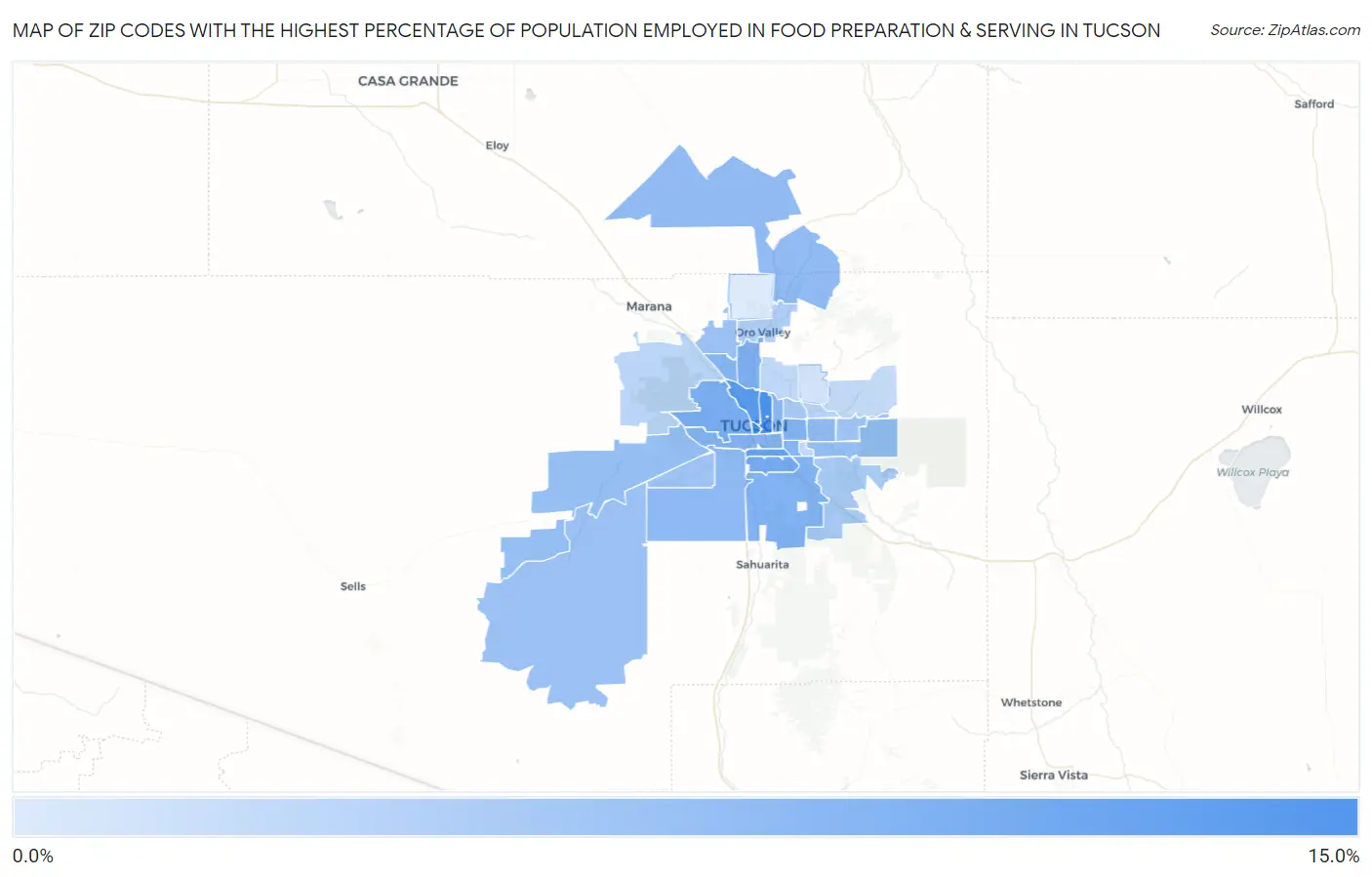 Zip Codes with the Highest Percentage of Population Employed in Food Preparation & Serving in Tucson Map