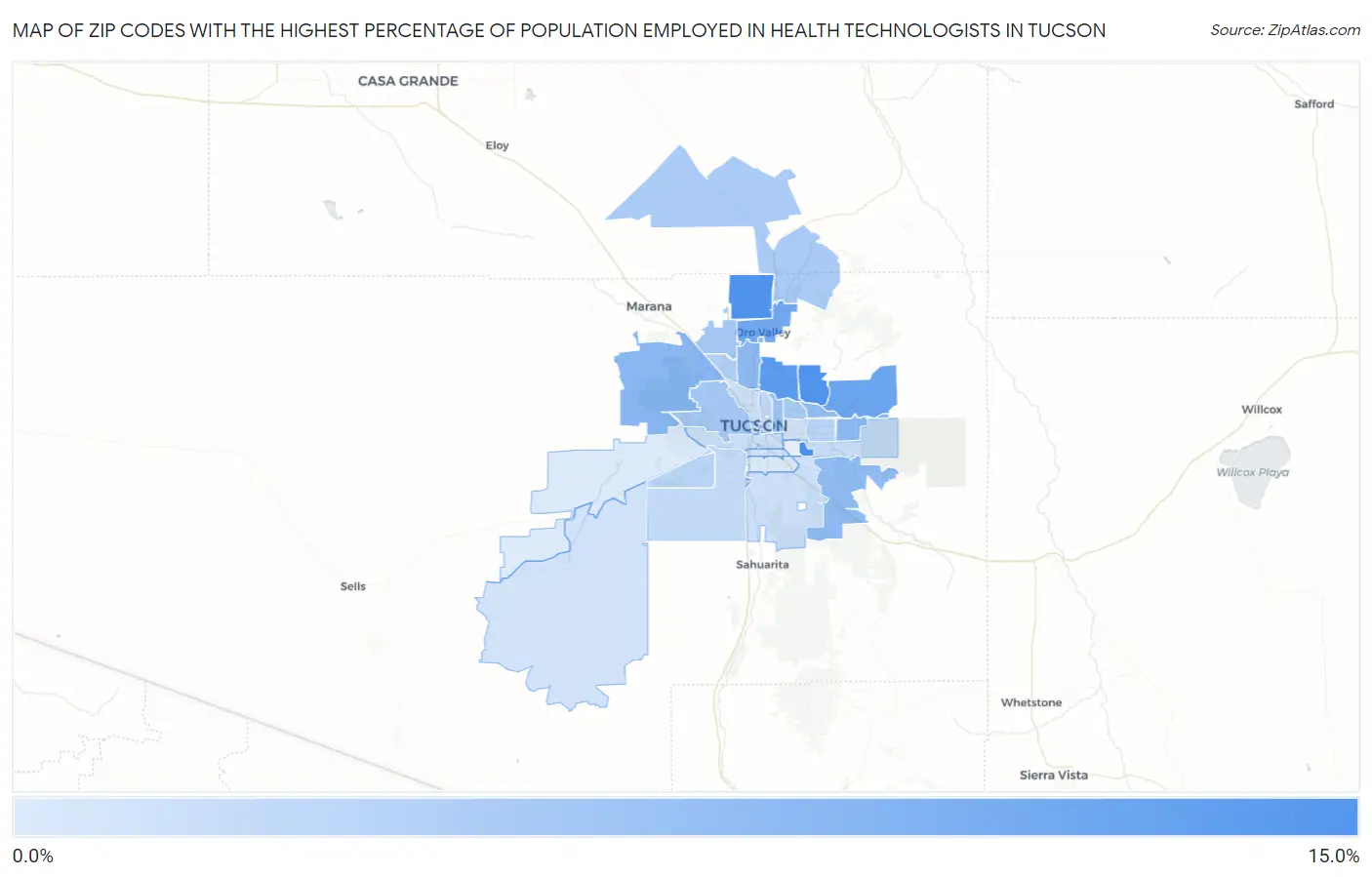 Zip Codes with the Highest Percentage of Population Employed in Health Technologists in Tucson Map
