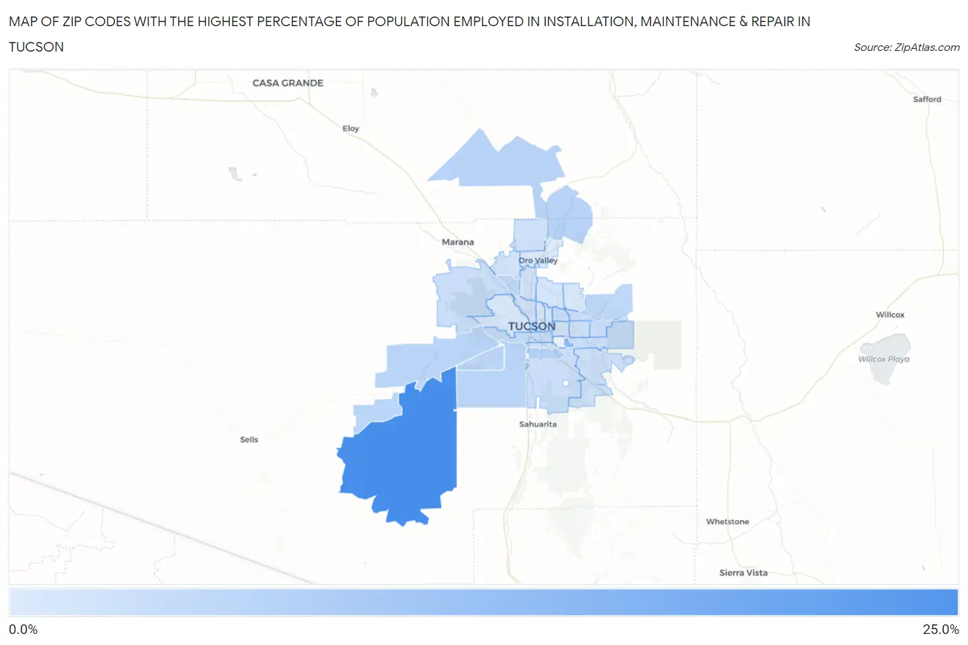 Zip Codes with the Highest Percentage of Population Employed in Installation, Maintenance & Repair in Tucson Map