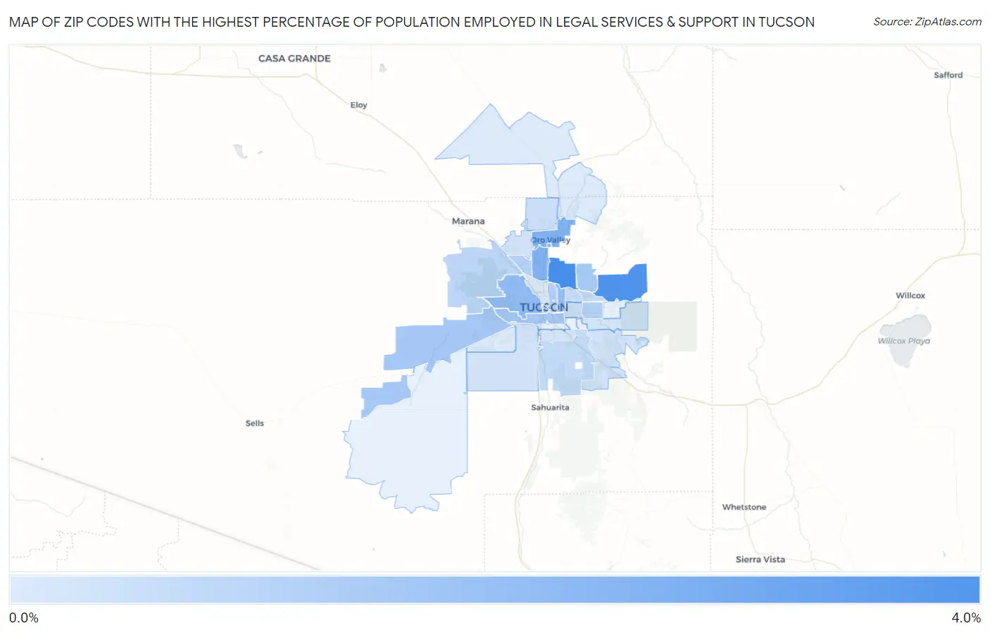 Zip Codes with the Highest Percentage of Population Employed in Legal Services & Support in Tucson Map