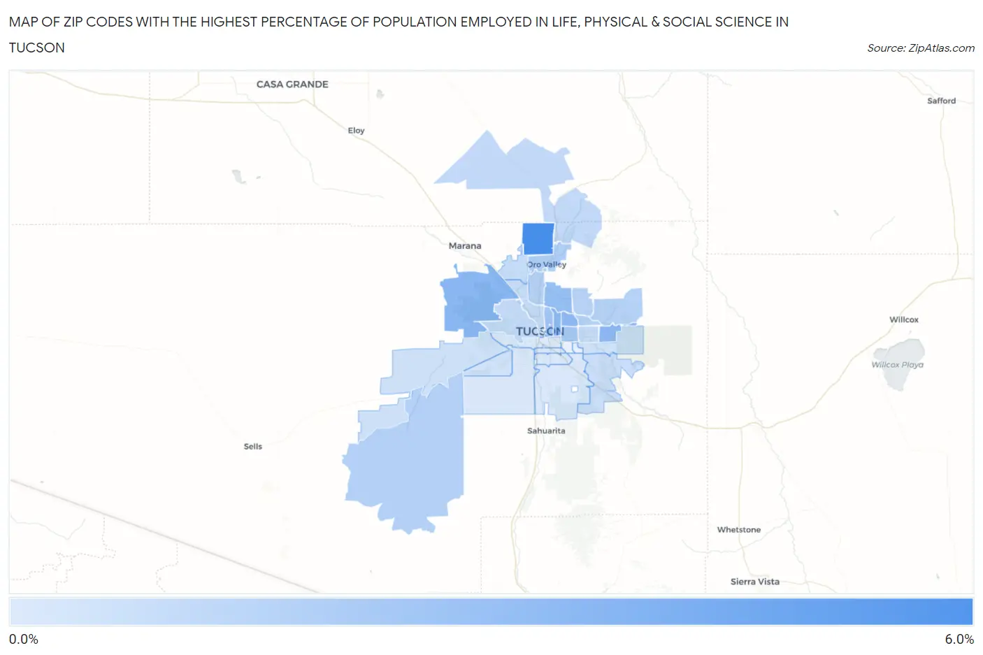 Zip Codes with the Highest Percentage of Population Employed in Life, Physical & Social Science in Tucson Map