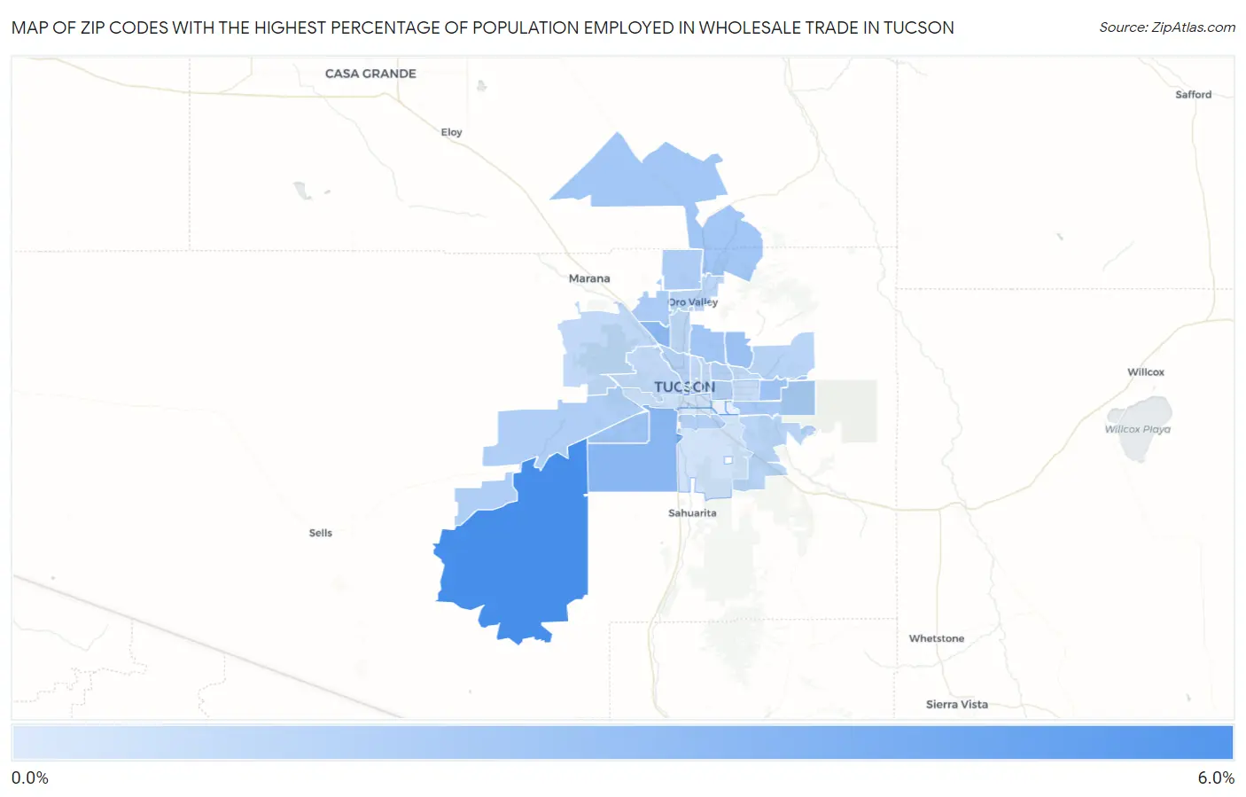 Zip Codes with the Highest Percentage of Population Employed in Wholesale Trade in Tucson Map