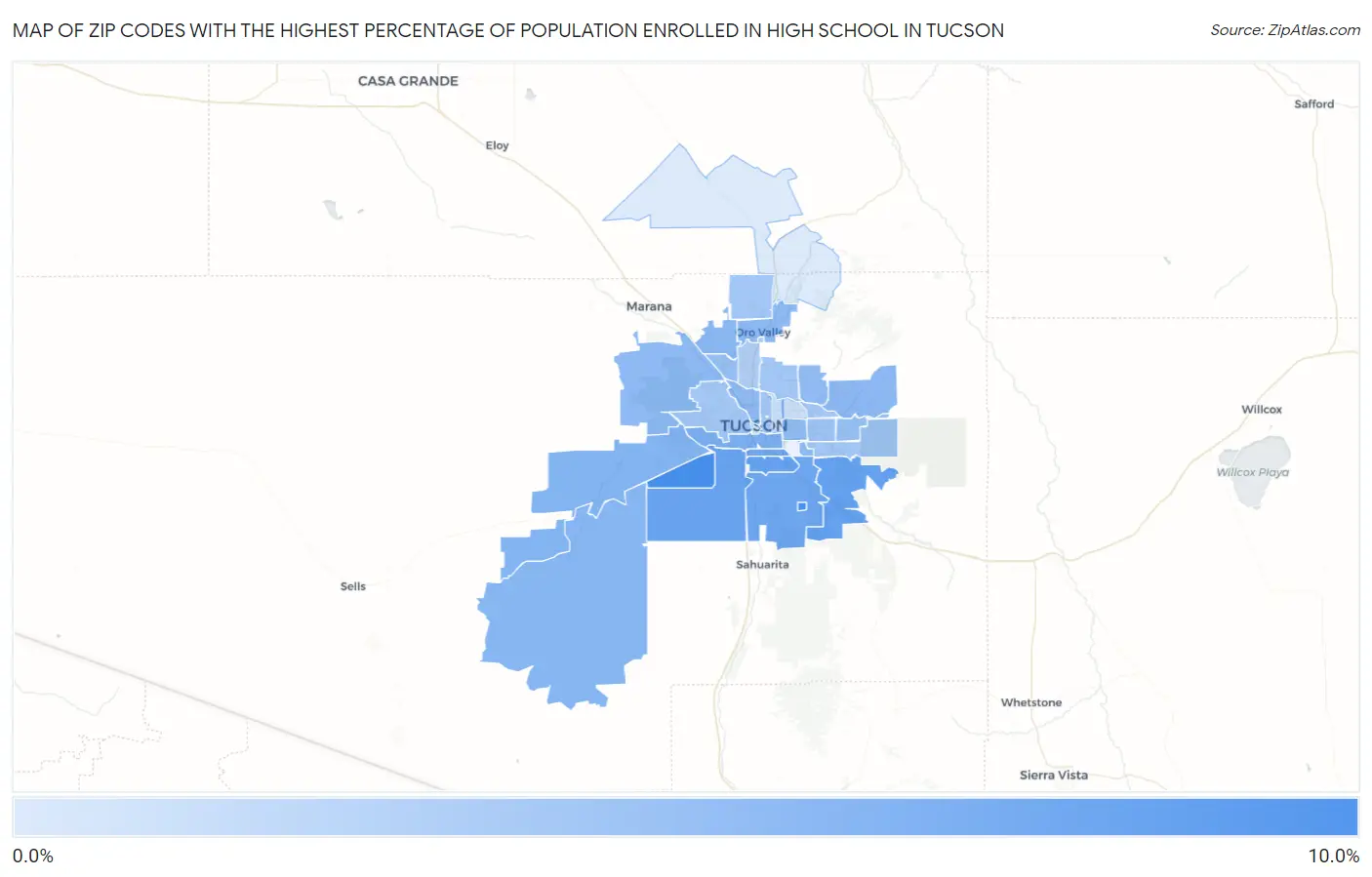 Zip Codes with the Highest Percentage of Population Enrolled in High School in Tucson Map