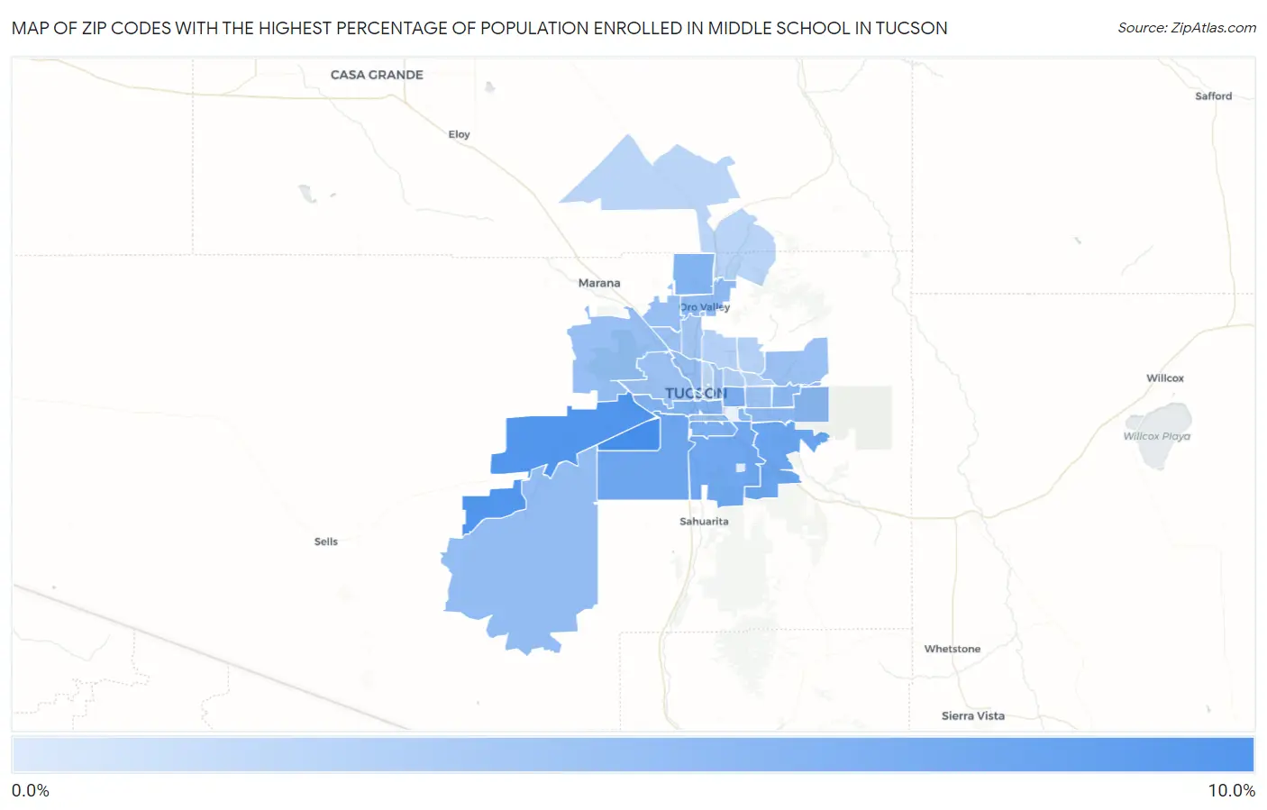 Zip Codes with the Highest Percentage of Population Enrolled in Middle School in Tucson Map