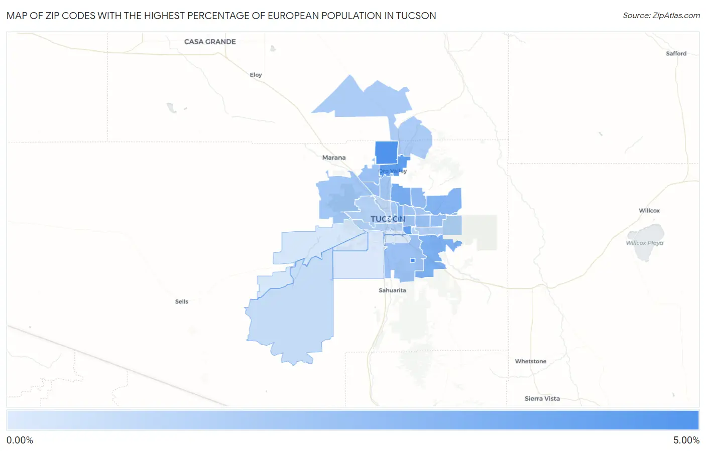 Zip Codes with the Highest Percentage of European Population in Tucson Map
