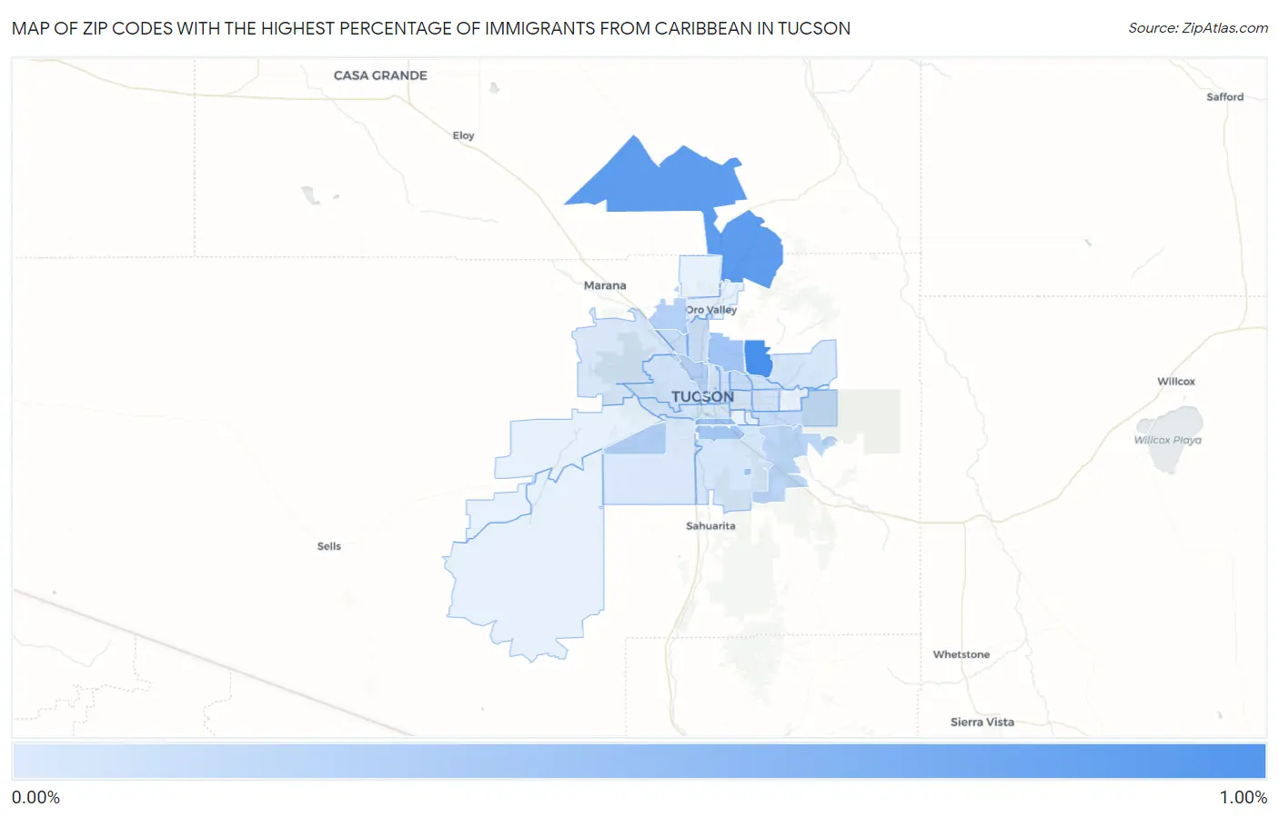 Zip Codes with the Highest Percentage of Immigrants from Caribbean in Tucson Map