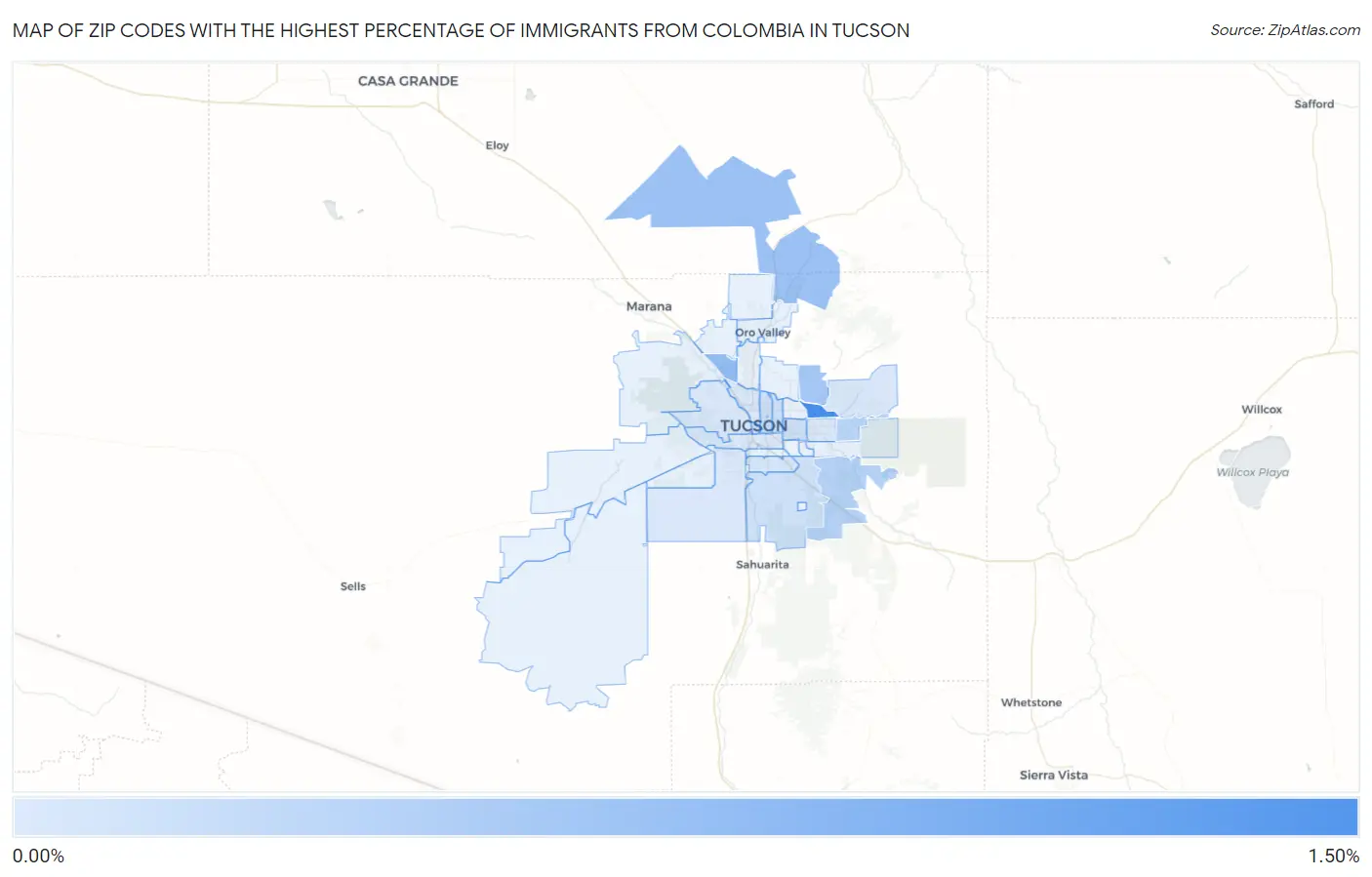 Zip Codes with the Highest Percentage of Immigrants from Colombia in Tucson Map