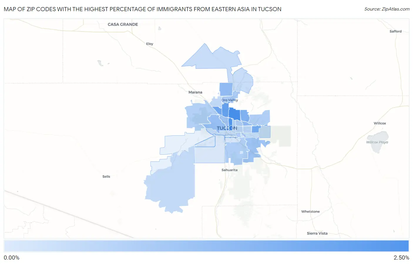 Zip Codes with the Highest Percentage of Immigrants from Eastern Asia in Tucson Map
