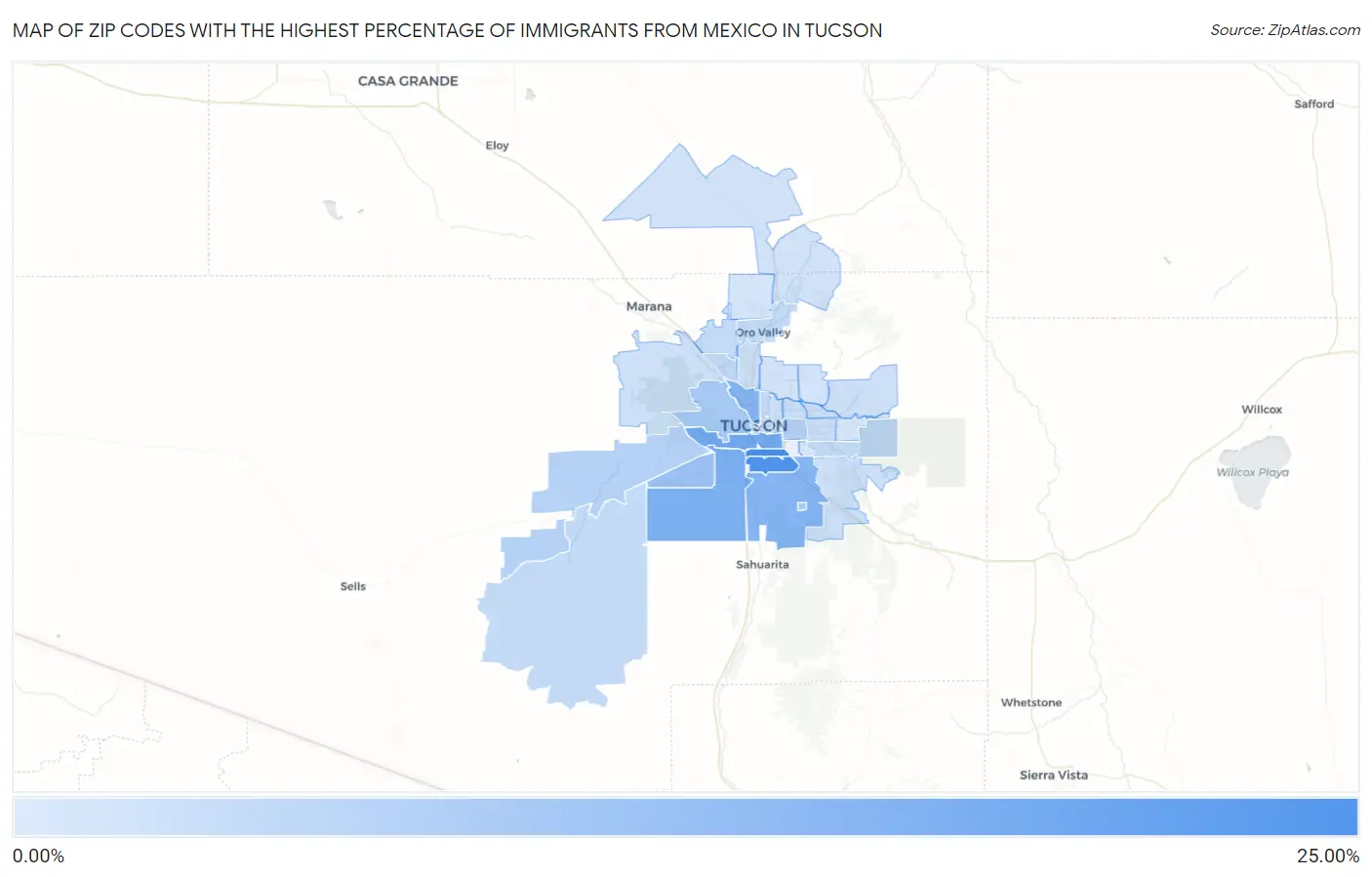 Zip Codes with the Highest Percentage of Immigrants from Mexico in Tucson Map