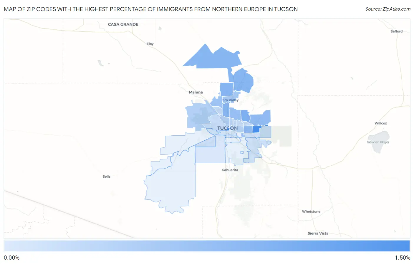 Zip Codes with the Highest Percentage of Immigrants from Northern Europe in Tucson Map