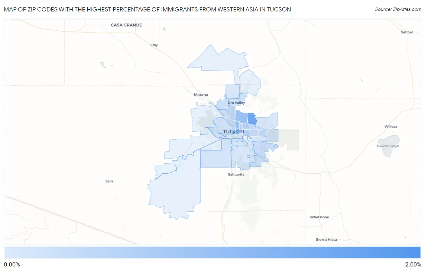 Zip Codes with the Highest Percentage of Immigrants from Western Asia in Tucson Map