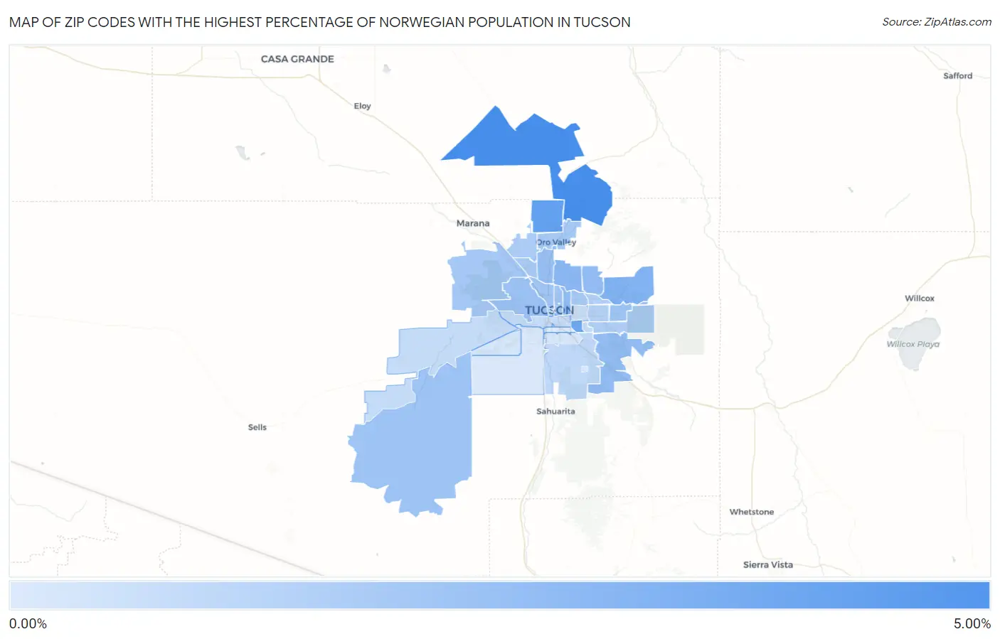 Zip Codes with the Highest Percentage of Norwegian Population in Tucson Map