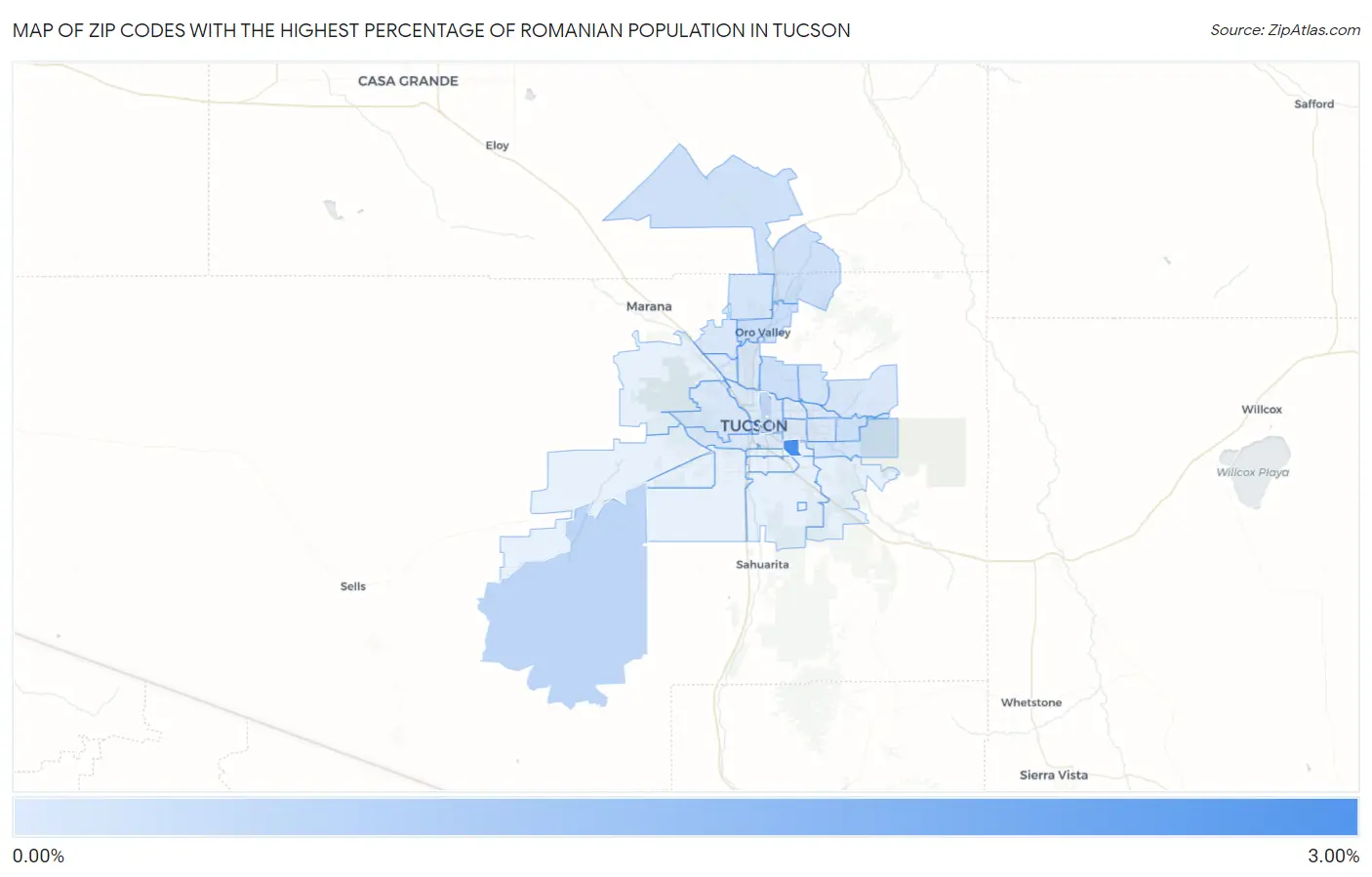 Zip Codes with the Highest Percentage of Romanian Population in Tucson Map