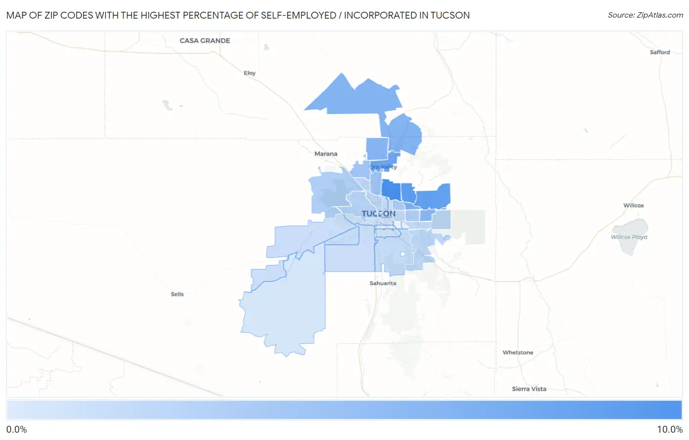 Zip Codes with the Highest Percentage of Self-Employed / Incorporated in Tucson Map