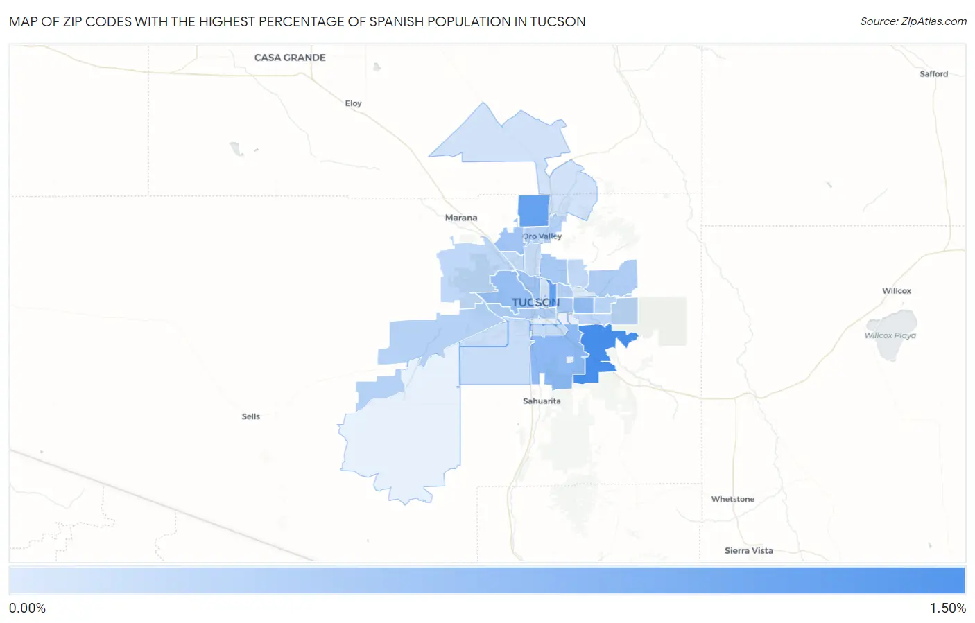 Zip Codes with the Highest Percentage of Spanish Population in Tucson Map
