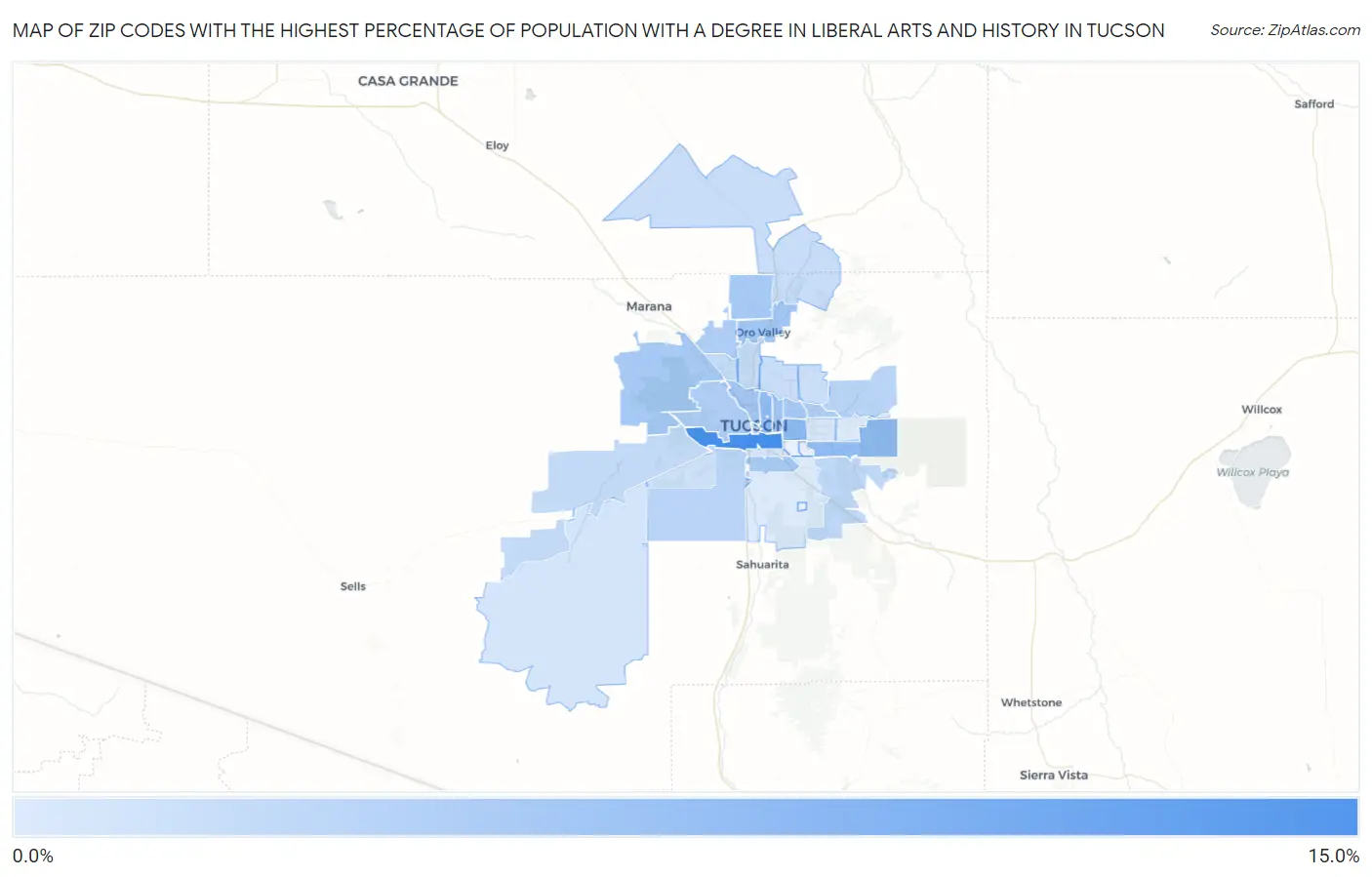 Zip Codes with the Highest Percentage of Population with a Degree in Liberal Arts and History in Tucson Map
