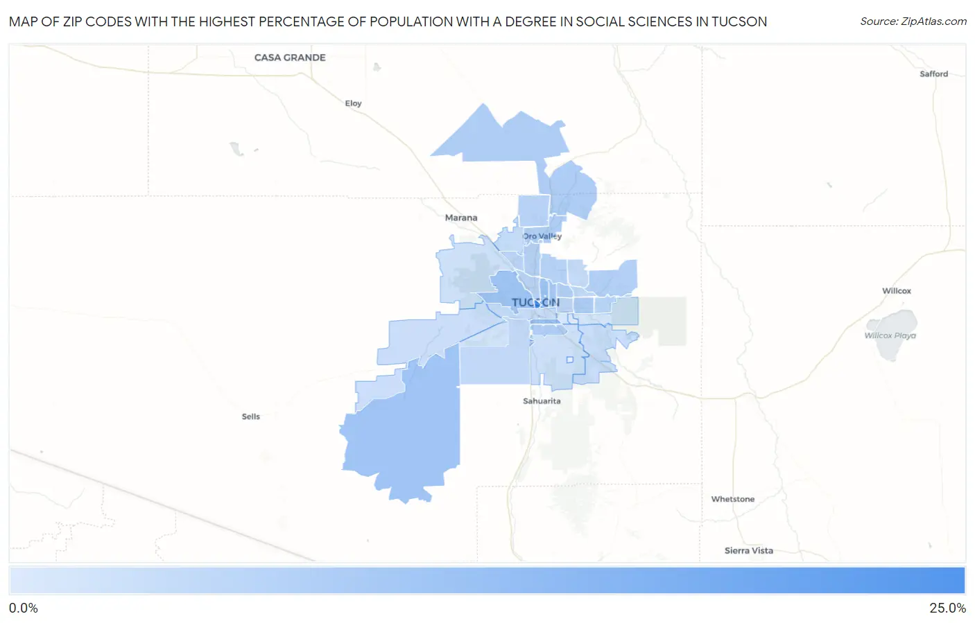 Zip Codes with the Highest Percentage of Population with a Degree in Social Sciences in Tucson Map